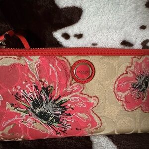Coach Red and Tan Floral Wristlet